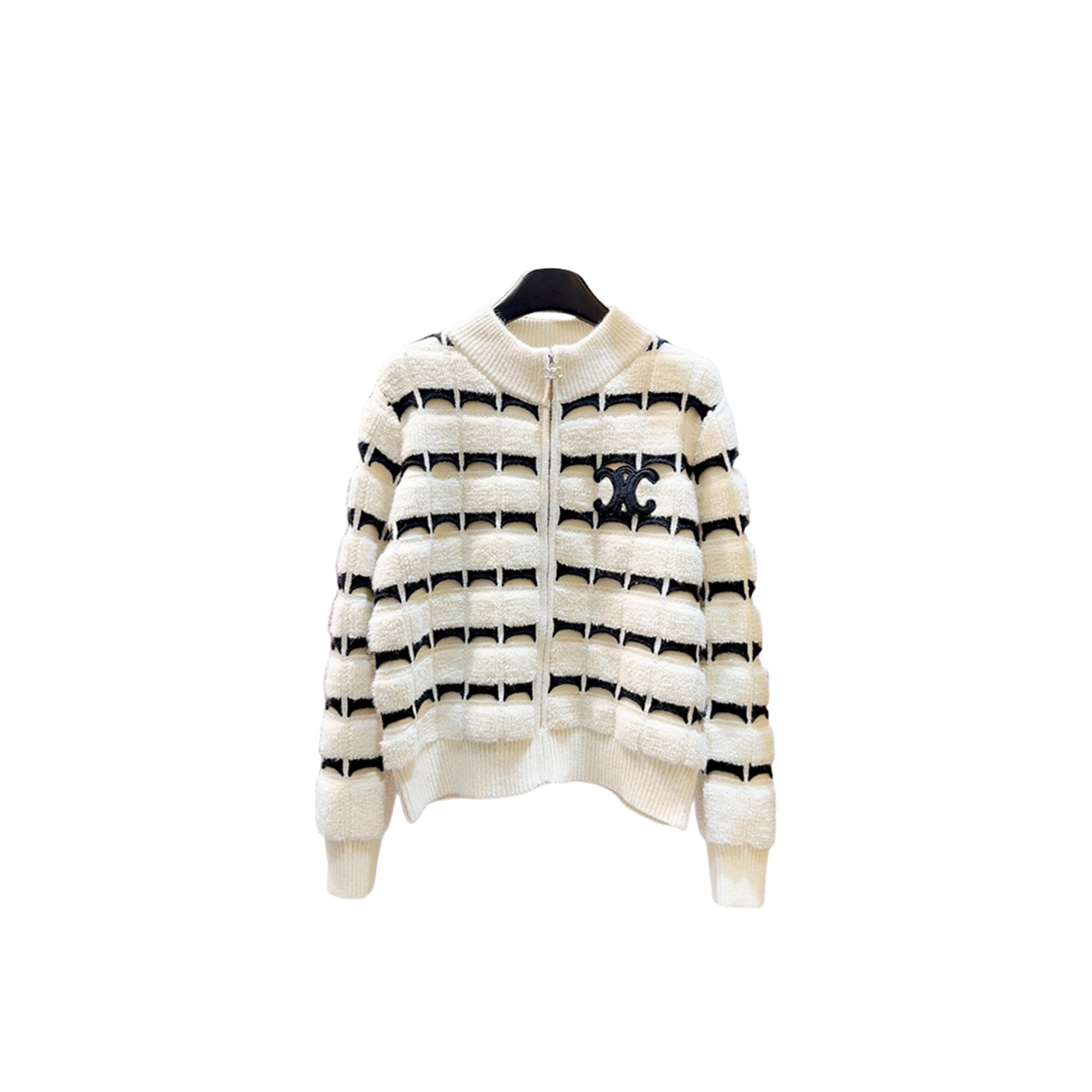 Ce1i*e striped patchwork stand collar coat